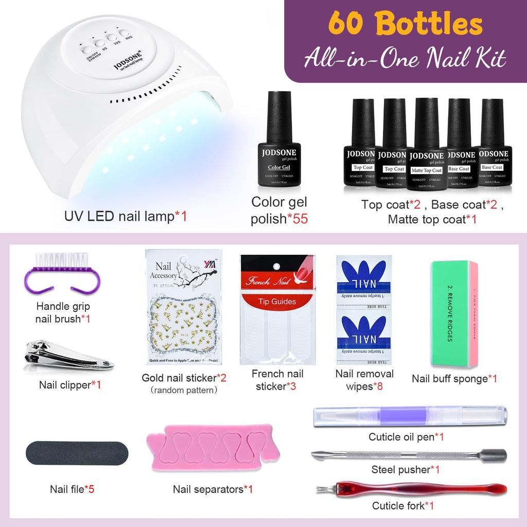 JODSONE Gel Nail Polish Kit 60 PCS with U V Light Soak off Base Top Coat 55 Shine Colors Gel Nail Kit Bright and Dark Brown Wine Red Series Manicure Set for Women and Girls