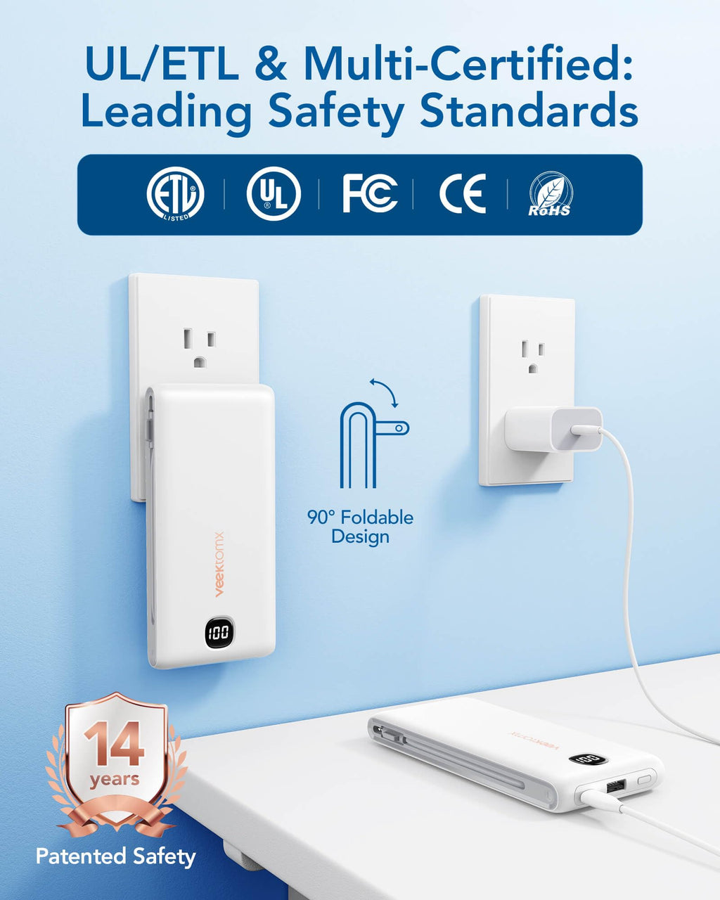 VEEKTOMX Portable Charger with Built-in Cables and AC Wall Plug, 10000mAh