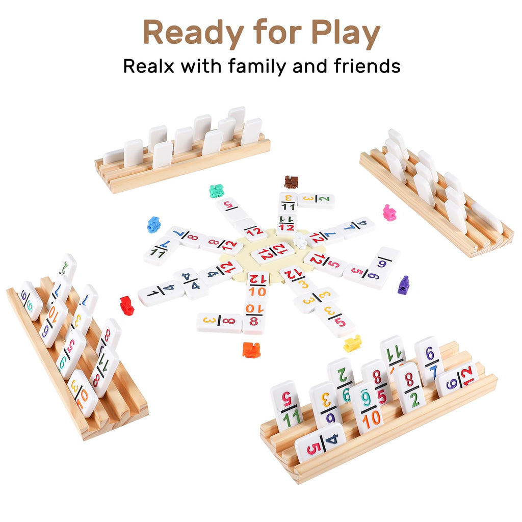 Mexican Dominos Set with Numbers and 4 Wooden Trays/Stands, Double 12 Dominoes, Travel Set with 4 Tile Holders, 91 Double Plates, 12 Colourful Dominoes with Portable Case, for