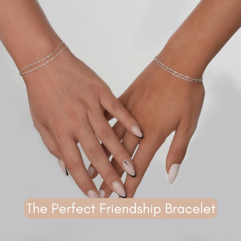 Annika Bella Double Stranded Sterling Silver Bracelet for Women, Dainty Waterproof Chain Bracelet for Women, Teen (Twirl & Satellite Chains)