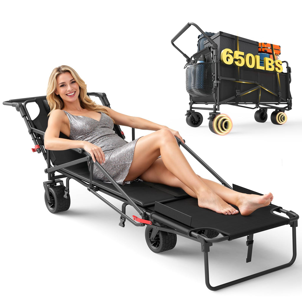 LEVELEVE Heavy Duty Folding Wagon - 2-in-1 Collapsible Cart, 650lb Capacity, All-Terrain Wheels w/Brakes & Side Pockets