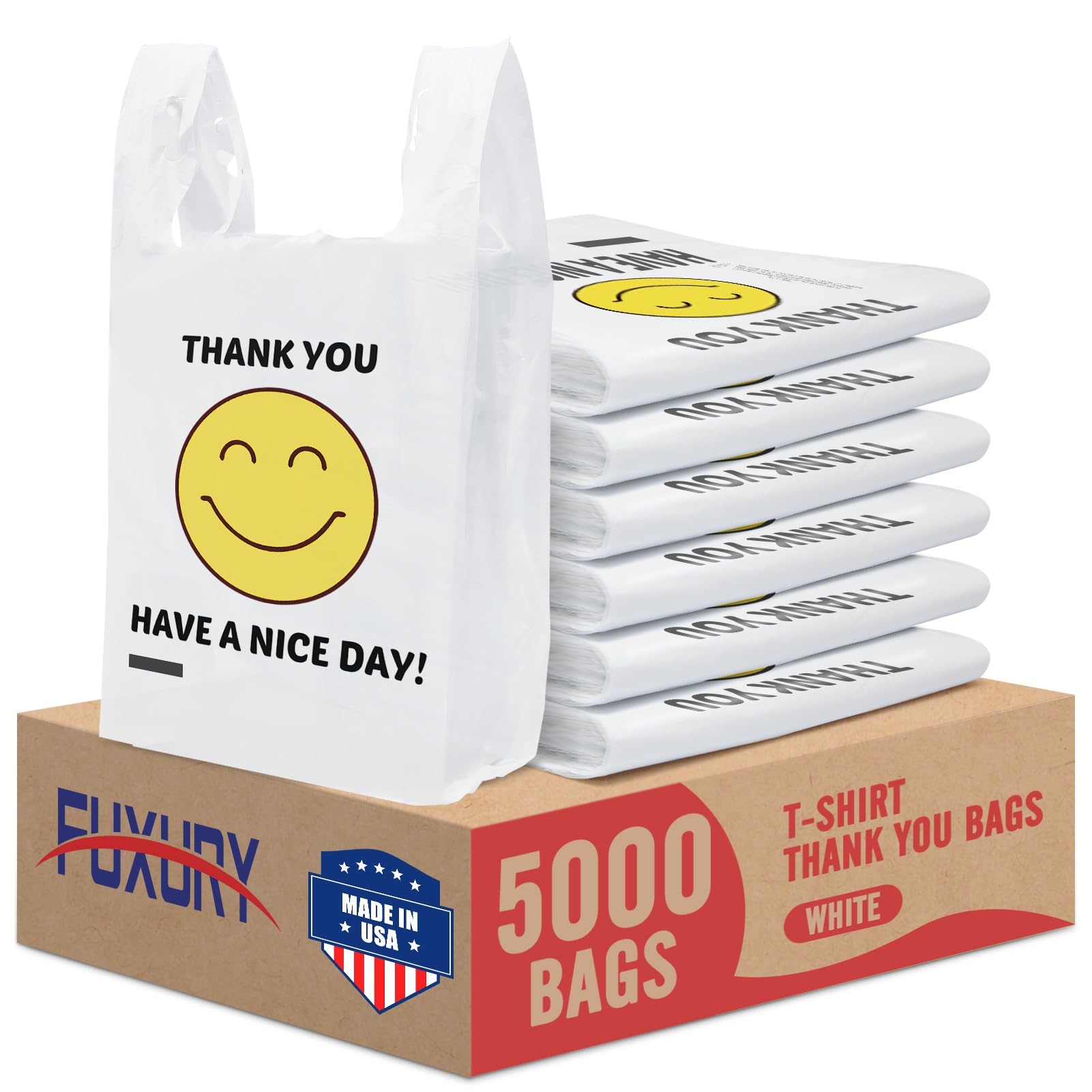 Fuxury 5000 (5K) Count Plastic Thank You Smiling Bags with Handles for Small Business (11.5 x 6.5 x 21), Happy Have Nice A Day Grocery Shopping T-shirt Bags, Take Out, To Go, Retail, in Bulk