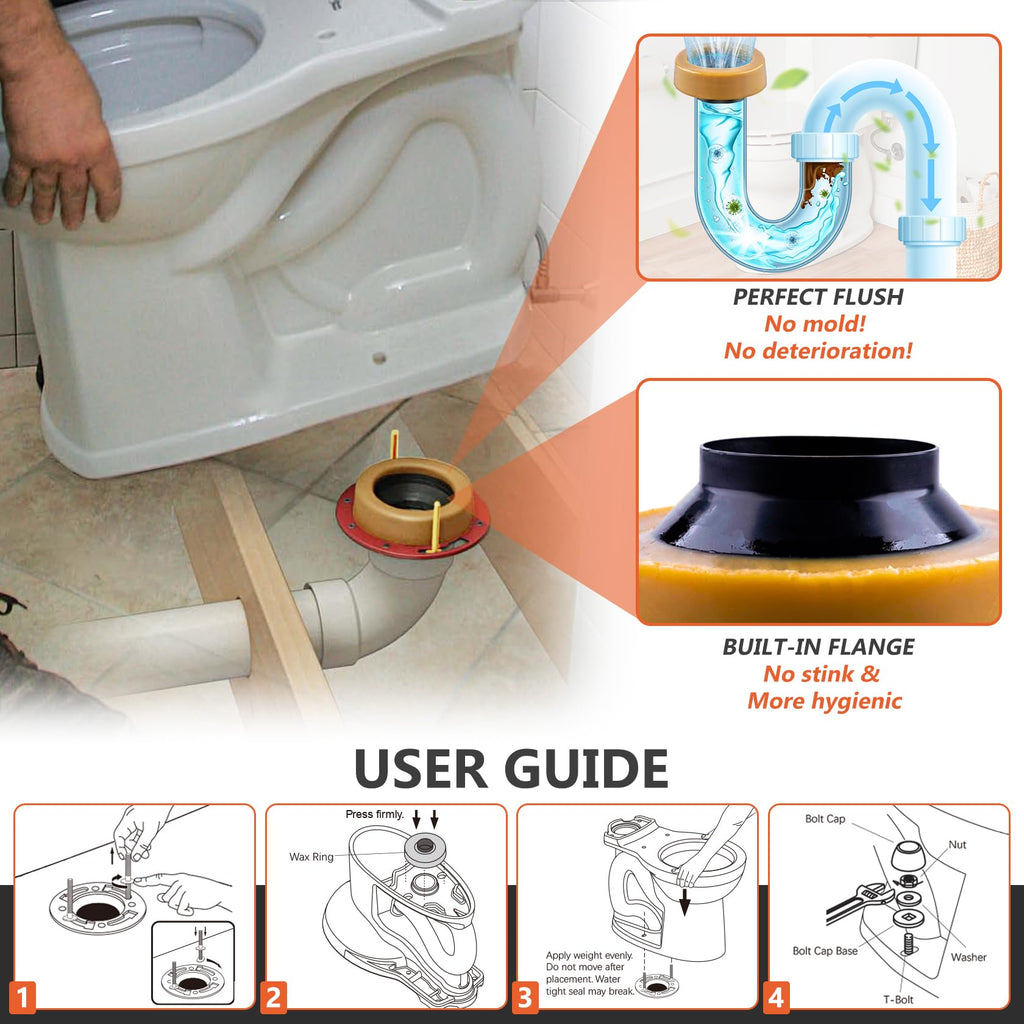 Extra Thick Toilet Wax Ring Kit Include Closet Bolts, Bolt Caps, Thick Flange and Retainer Washers, Fits 3 Inch and 4 Inch Waste Lines for Toilet Gas Odor and Watertight Sealing