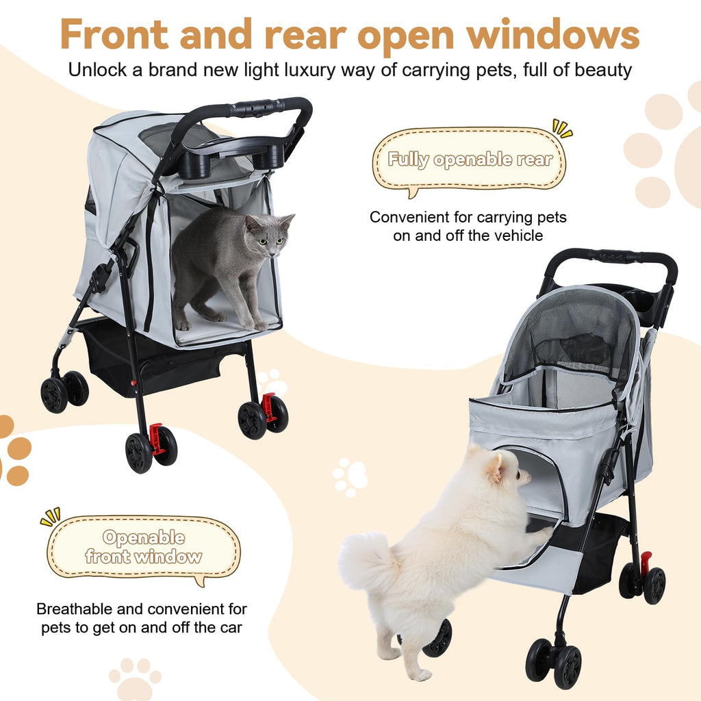sxvbdway 4 Wheels Pet Stroller for Medium Small Dog up to 50lbs, Dog Cat Stroller, Outdoor Travel Pet Folding Strollers with Cup Holder, Detachable Carrier, Breathable Visible Mesh (Grey Upgraded)