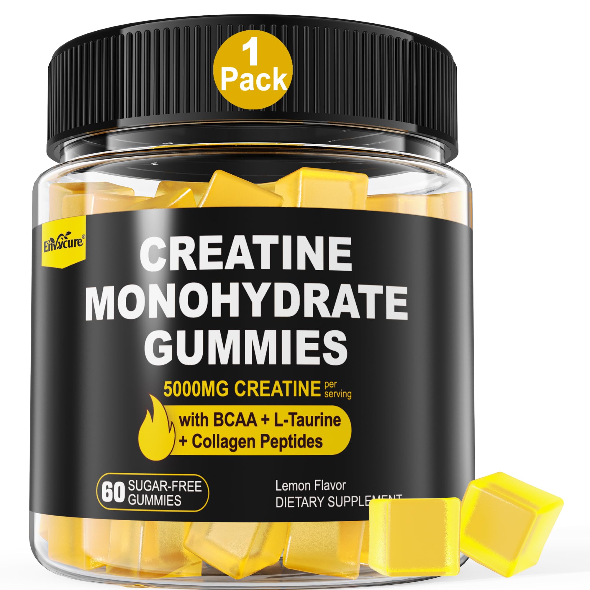 EnvyCure Creatine Monohydrate Gummies for Men & Women - with BCAA, Collagen Peptides, L-Taurine, Vitamin B12, D3, Creatine Monohydrate 5000mg (5g) Per Serving, Lemon Flavor, Sugar Free, 1 Pack