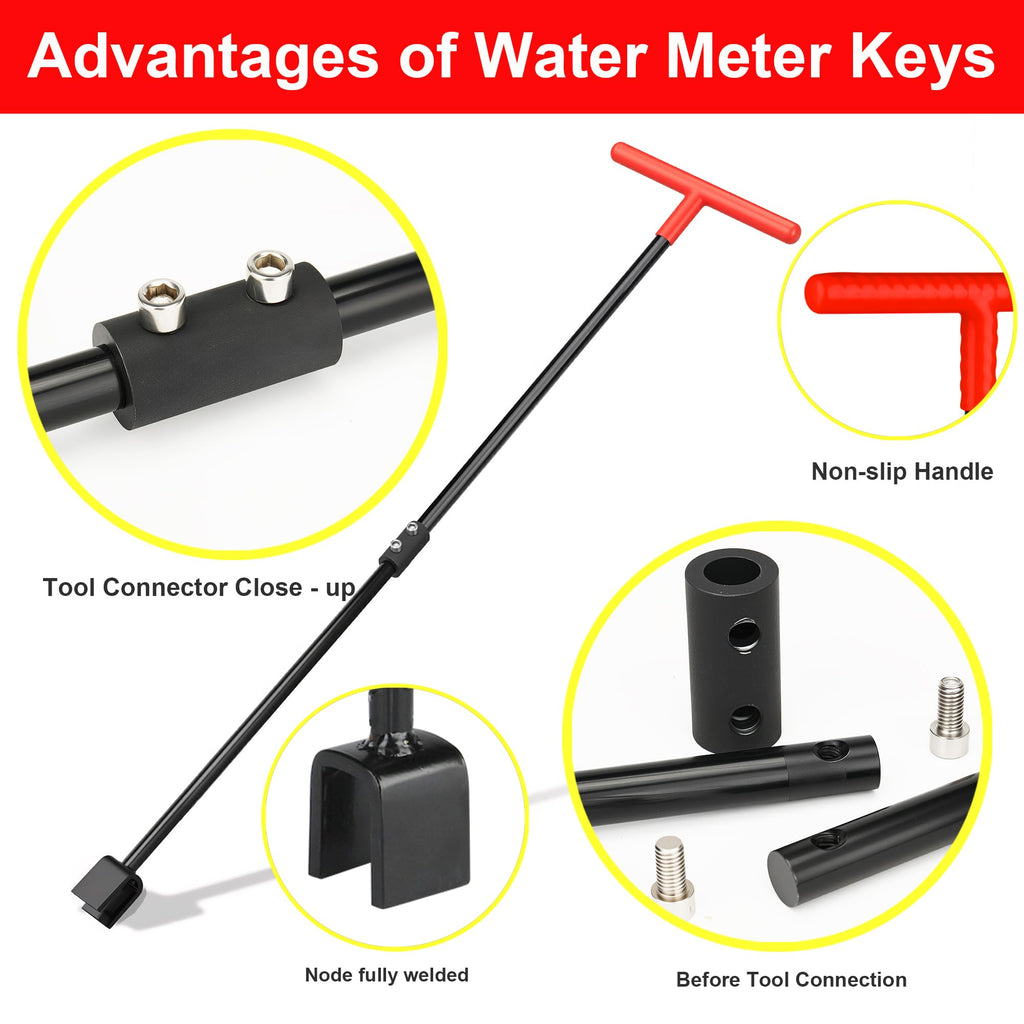 Manalete Water Meter Key 32 Inch with 4-Way Utility Key, Steel T-Handle, Water Meter Key Shut Off Tool for Curb Main Water Shut off Valve