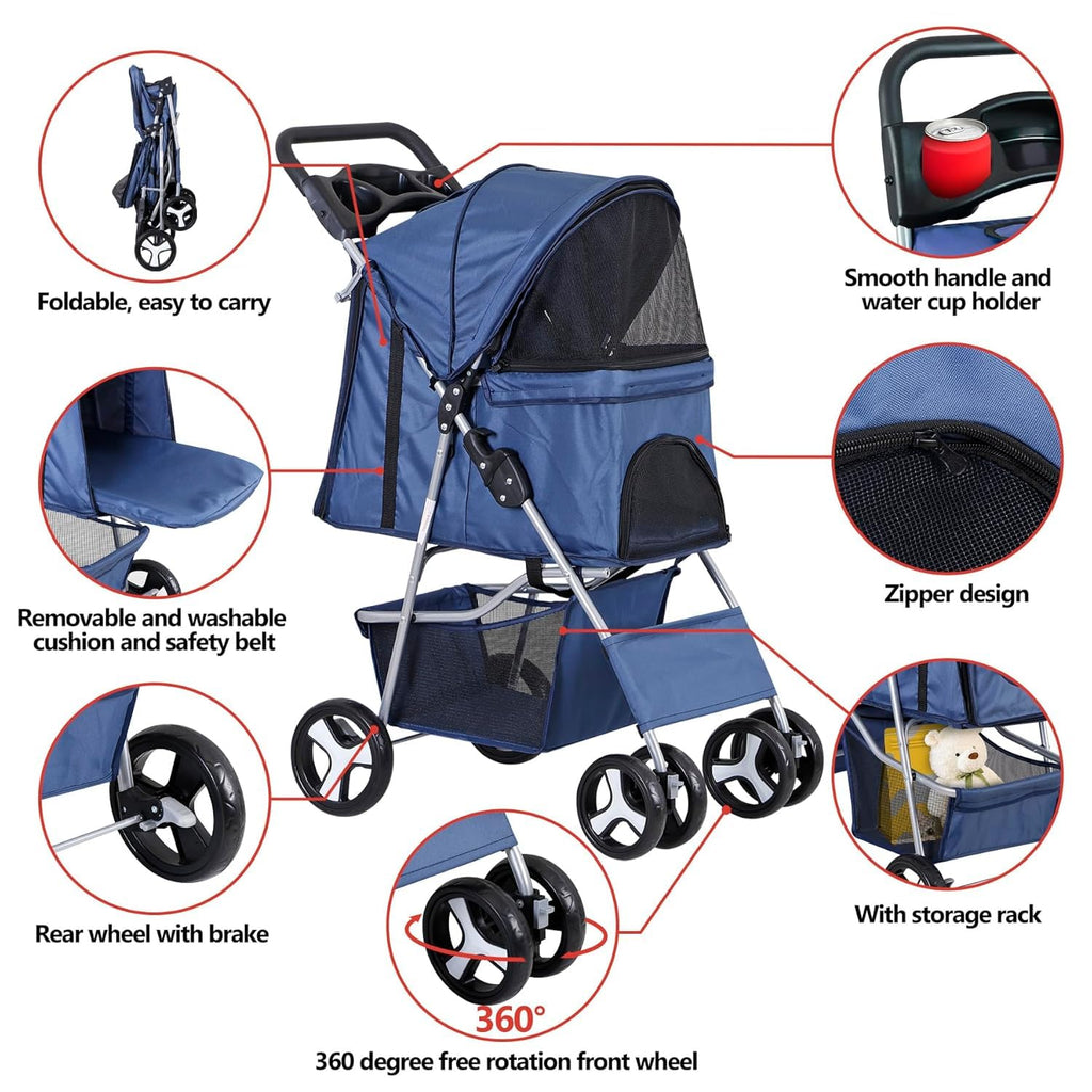 LEMY Pet Stroller,4 Wheels Dog Cat Stroller with Storage Basket&Cup Holder,Folding Dog Cat Cage Jogger Strollers for Small Medium Dogs Cats Travel,Navy Blue