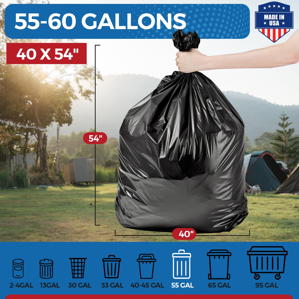 Fuxury 55-60 Gallon Trash Bags 150 Count Black Garbage Bags Made in USA