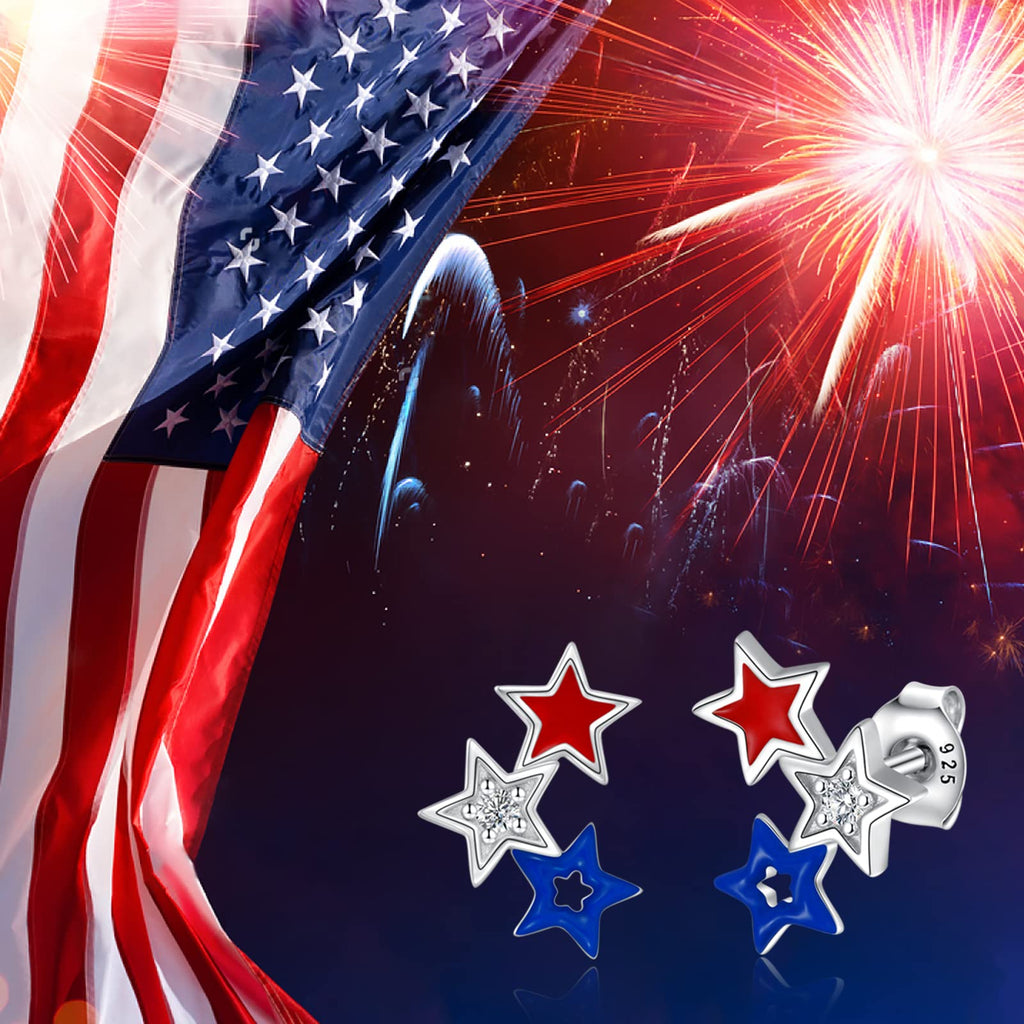 American Flag Earrings for Women Fourth of July Patriotic Stud Earrings 925 Sterling Silver USA Independence Day Patriots 4th of july Jewelry Gifts (Star 2)