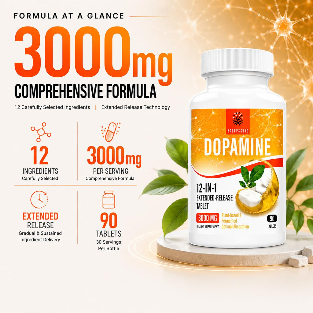 Kroppssund Dopamine Supplements with L-Theanine & Ashwagandha, 12-in-1 Extended Release Formula, 3000mg Per Serving, 90 Tablets (1 Bottle)
