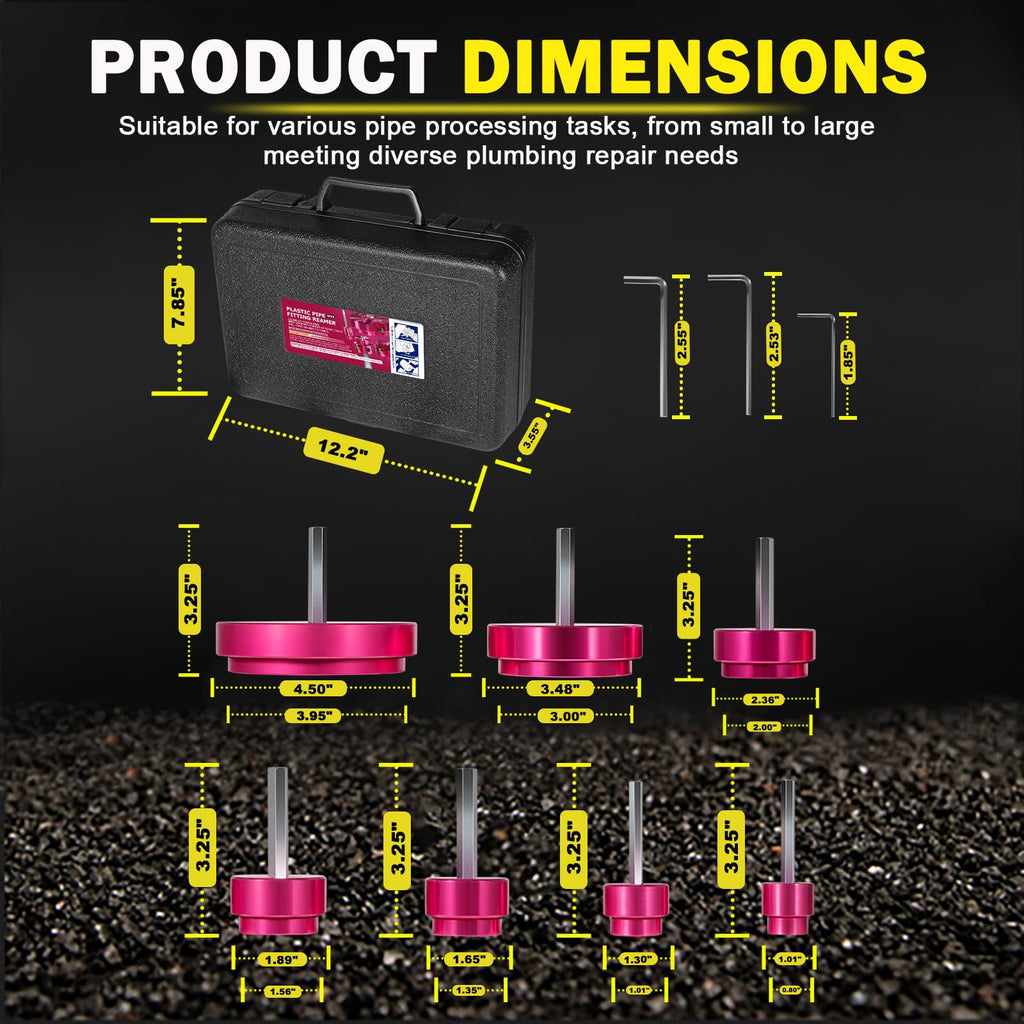 Premium 7Pcs PVC Pipe Reamer Kit For 1/2" Drills- Includes 3/4", 1", 1-1/4", 1-1/2", 2", 3", 4" Compatible with Standard 1/2" Drills,For SCH40 PVC, ABS PVC Pipe,CPVC Perfect for Plumbing Repairs