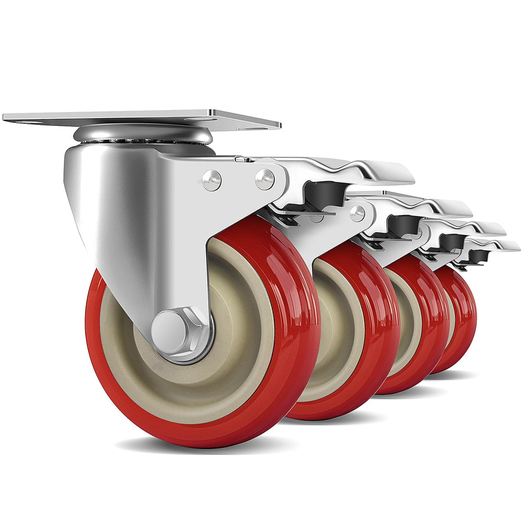 4 Inch Heavy Duty Swivel Caster Wheels with Brake, Set of 4, Industrial Locking Rolling Plate Casters Wheels for Furniture, Cart, Table and Workbench, Easily Load 2200lbs