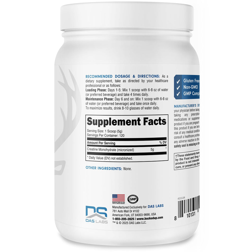 Bucked Up Pure Micronized Creatine Monohydrate for Women and Men - Easy to Mix and Unflavored - 5G Per Serving - 120 Servings - 600 Grams Per Container
