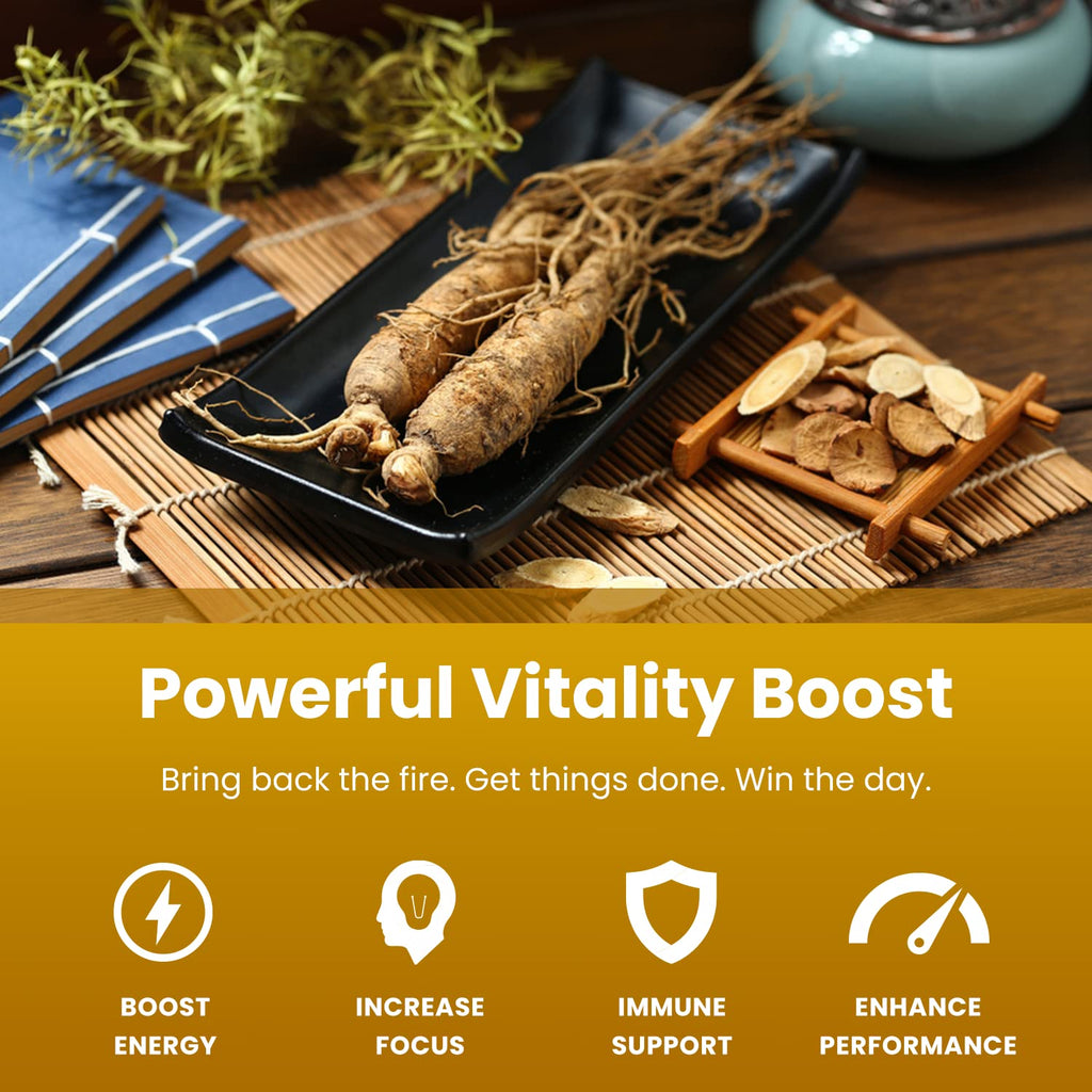 NutraChamps Korean Red Panax Ginseng Capsules | Extra Strength Ginsenosides for Energy, Focus, Performance, Vitality & Immune Support | Korean Red Ginseng Root Extract (90, Premium Gold)