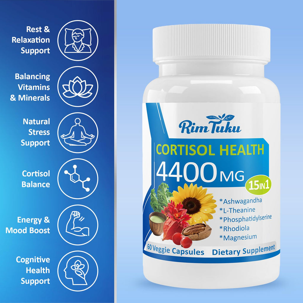 RimTuku Cortisol Supplements for Women & Men -15-in-1 Cortisol Detox for Women, Cortisol Manager & Reducer with Ashwagandha, Rhodiola Rosea Supports Stress Relief, Adrenal Balance, 120 Capsules