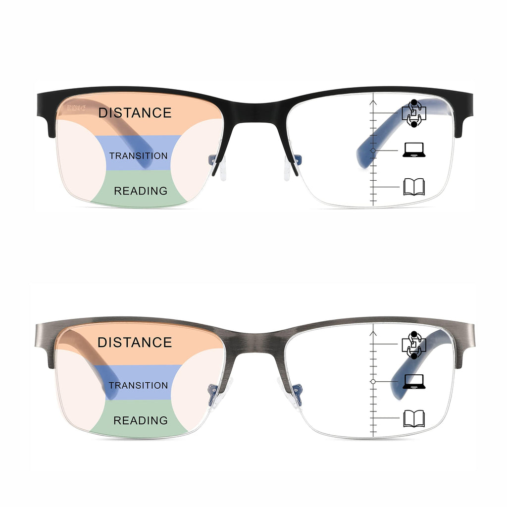 Multifocus Reading Glasses Men Progressive Multifocal Blue Light Computer Reader Half Frame Metal Extra Wide Eyeglasses No Line Bifocals Large Designer Cheaters Transition Square Eyewear 2packs 1.75