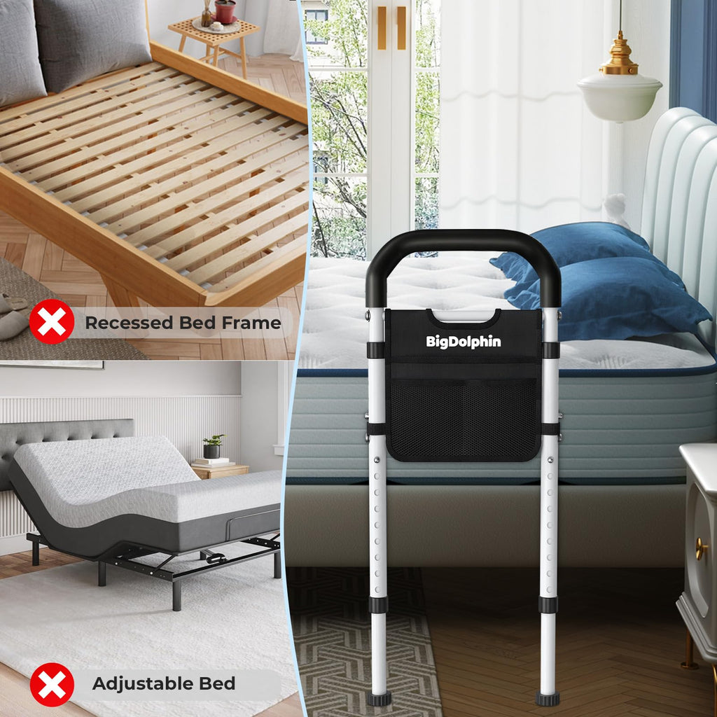 BigDolphin Bed Rails for Elderly Adults Safety - ASTM Approved Adjustable Bed Cane Supports 350LBS with Non-Slip Grip & Storage Pocket, Stable Bed Assist Rails for Seniors, Tool-Free