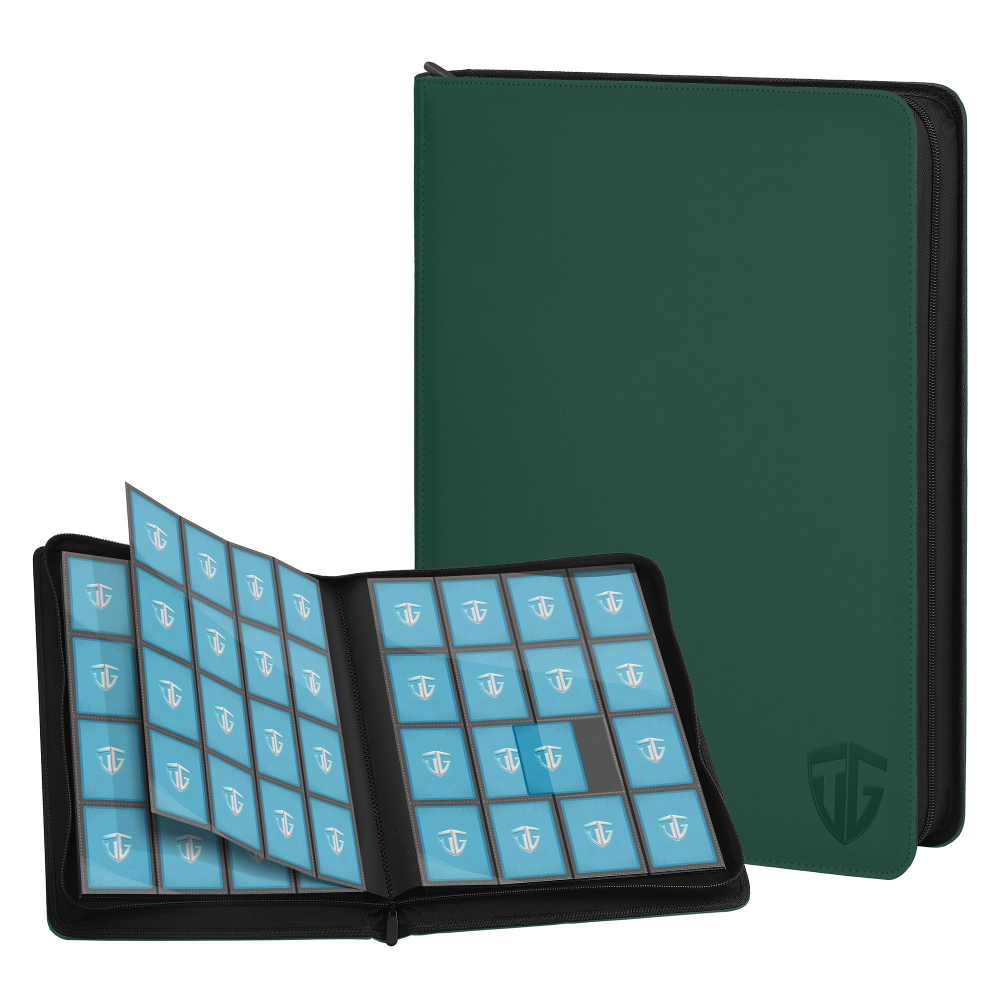 TCGUARD 16 Pockets Trading Card Zipper Binder for 1000+ Cards| Secure Side Loading Pockets | Trading Card Album Folder | Compatible with YuGiOh, MTG,Sports Cards (Dark Green 16)