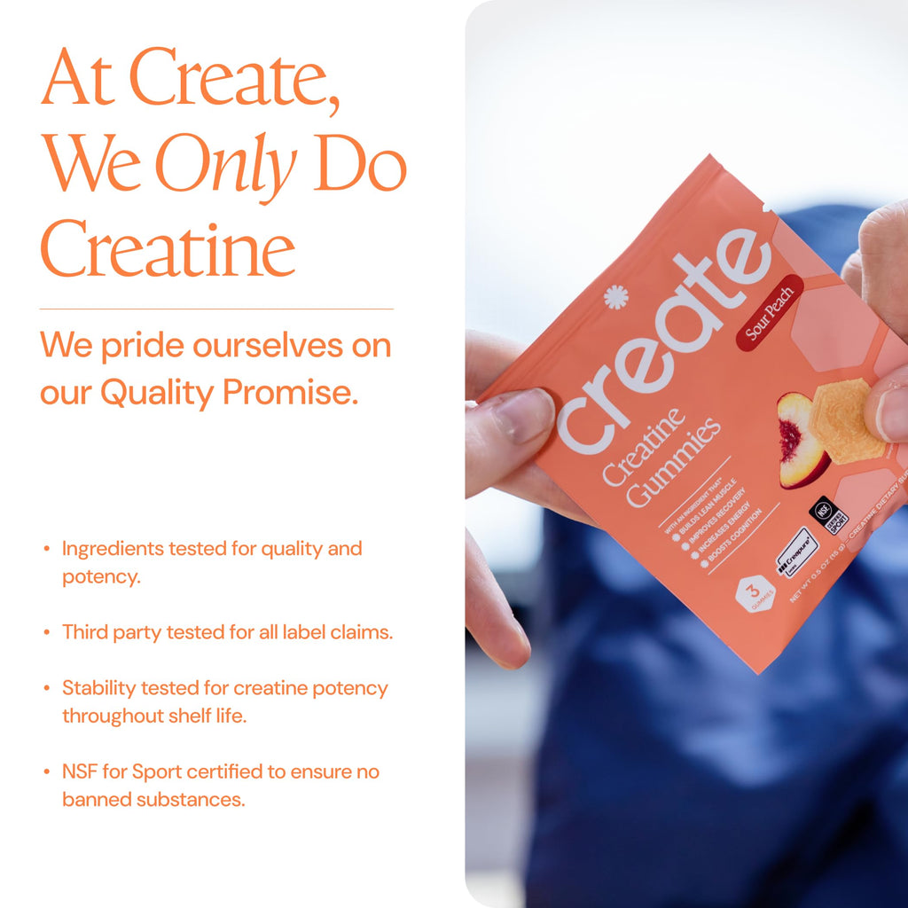 Create Creatine Gummies for Men & Women – NSF Certified, Made with Creapure Creatine Monohydrate, Great Tasting, Anti-Melting Formula, 30ct Standup Pouch, 90 Gummies (Sour Peach)