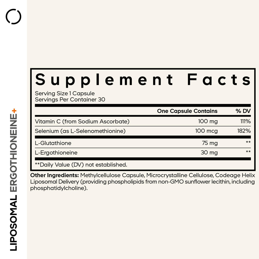 Codeage Liposomal Ergothioneine+, Glutathione, Vitamin C, 30 Capsules