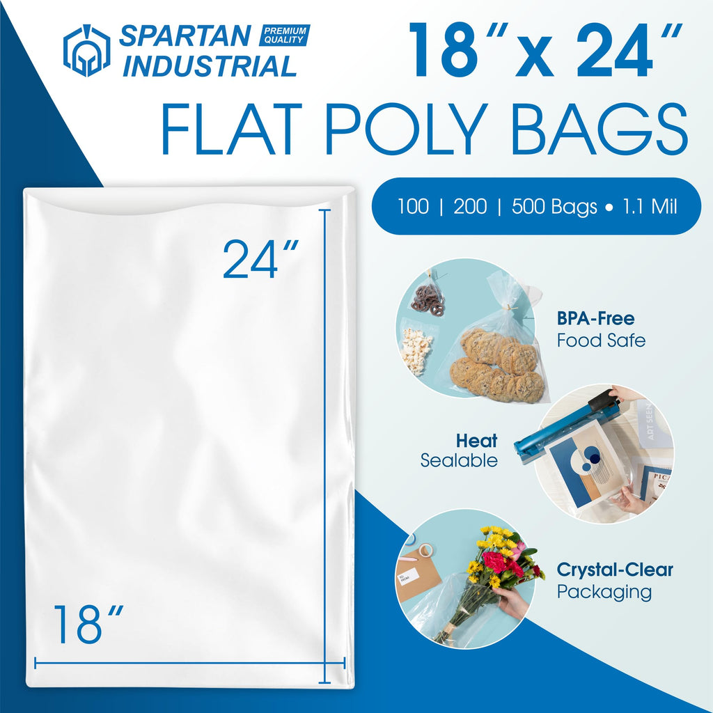 18" X 24" Open-End Flat Clear Poly Bags (100 Count) - 1.1 Mil Clear Plastic Bags for Packaging, Shipping, Storage - No Adhesive Strip - Spartan Industrial