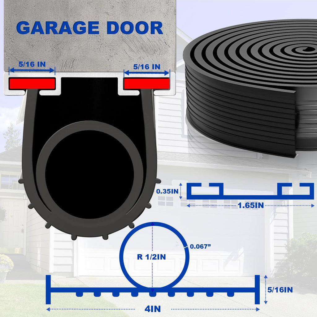 DGSL Garage Door Seals Bottom Rubber Weather Stripping Kit Seal Strip Replacement, Weatherproof Threshold Buffering Sealing Rubber 5/16 Inch T Ends (12 FT, Black, U+O)