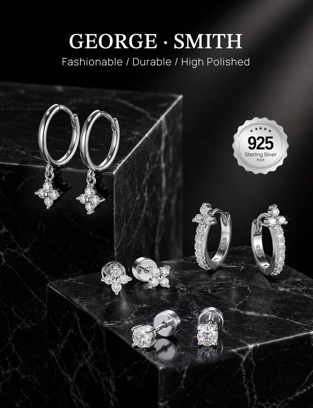 4 Pairs Moissanite Flat Back Earrings, 925 Sterling Silver Ear Stack