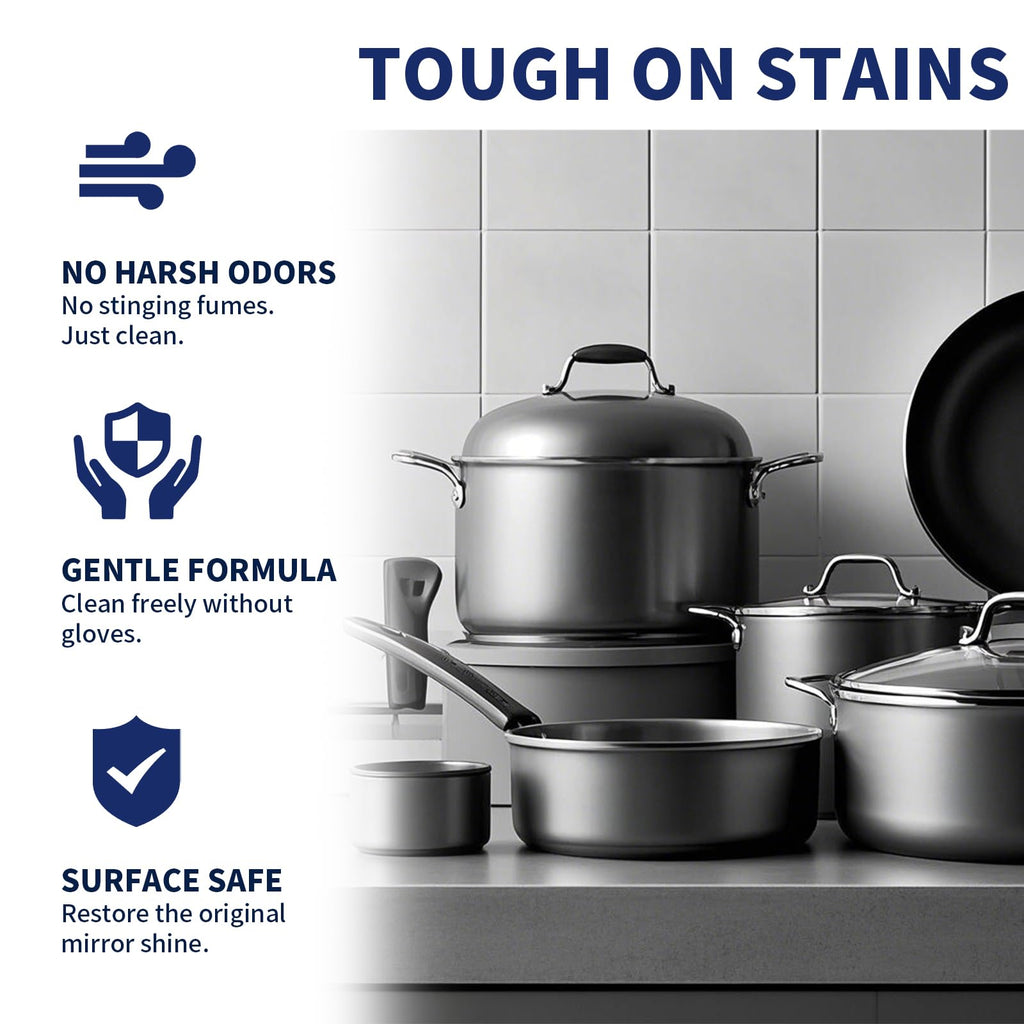 WETQUEEN Stainless Steel Cleaner and Polish Kit - Heavy Duty Cookware Cleanser Powder with 3 Pads - Removes Burnt Stains, Rust, Water Spots & Grease from Pots, Pans, Sinks & Appliances (12.35 oz)