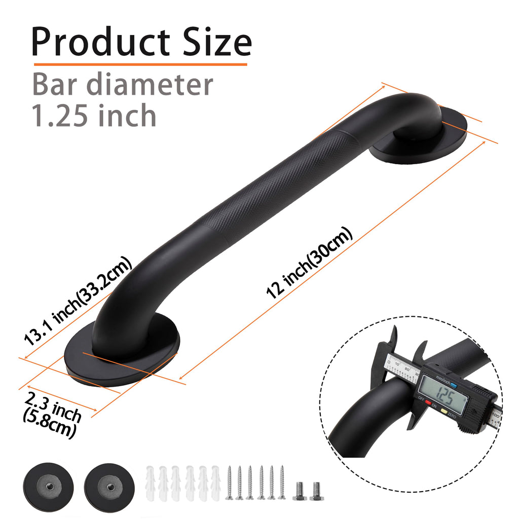 Rackickyer Shower Grab Bar, 2 Pack 12 Inch Black Bathroom Grab Bar, 1.25" Diameter 304 Stainless Steel Anti-Slip Grab Bars for Bathtubs and Showers, Handicap Shower Grab Bar for Seniors Elderly