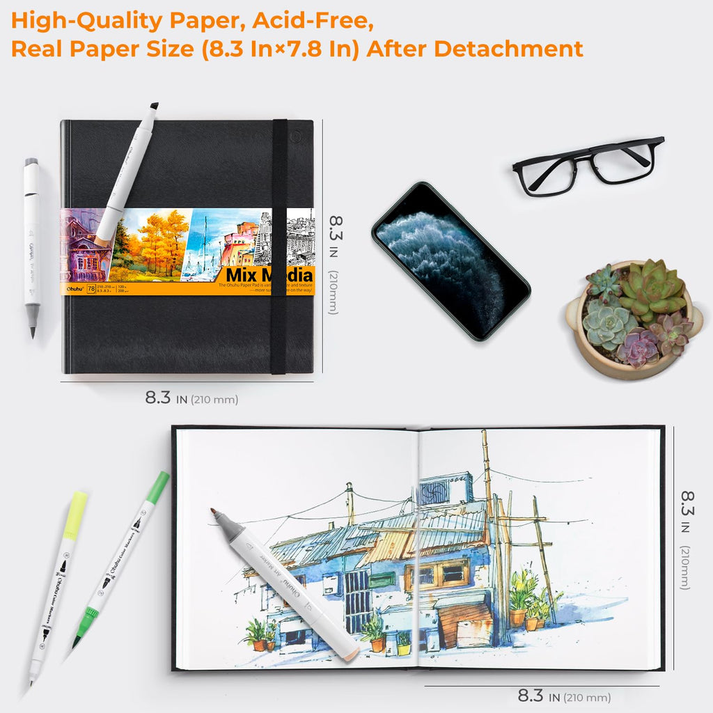 Ohuhu 8.3"x8.3" Mix Media Pad Art Sketchbook 78 Sheets for Painting Drawing