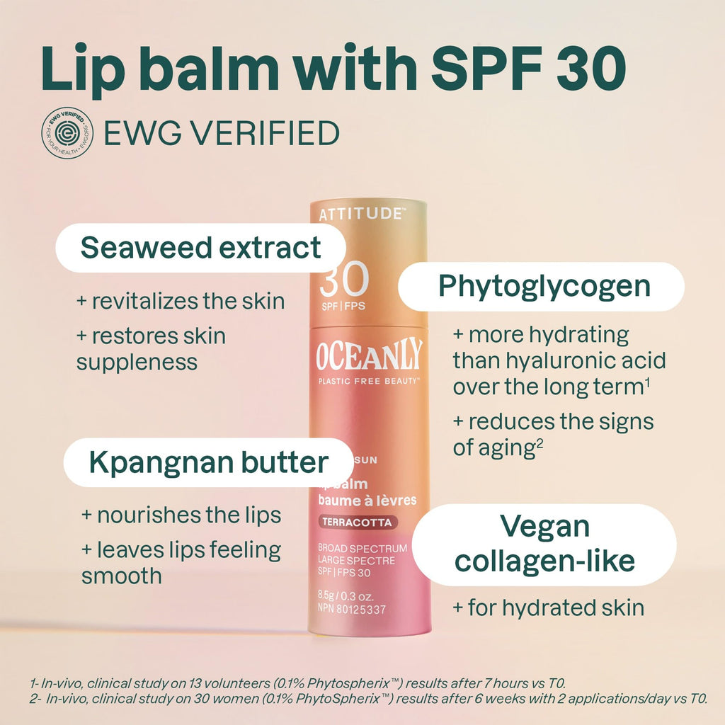 ATTITUDE Oceanly Tinted Lip Balm with SPF 30, EWG Verified, Plastic-Free, Broad Spectrum UVA/UVB Protection with Zinc Oxide, Vegan, Unscented, Terracotta, 0.3 Ounce