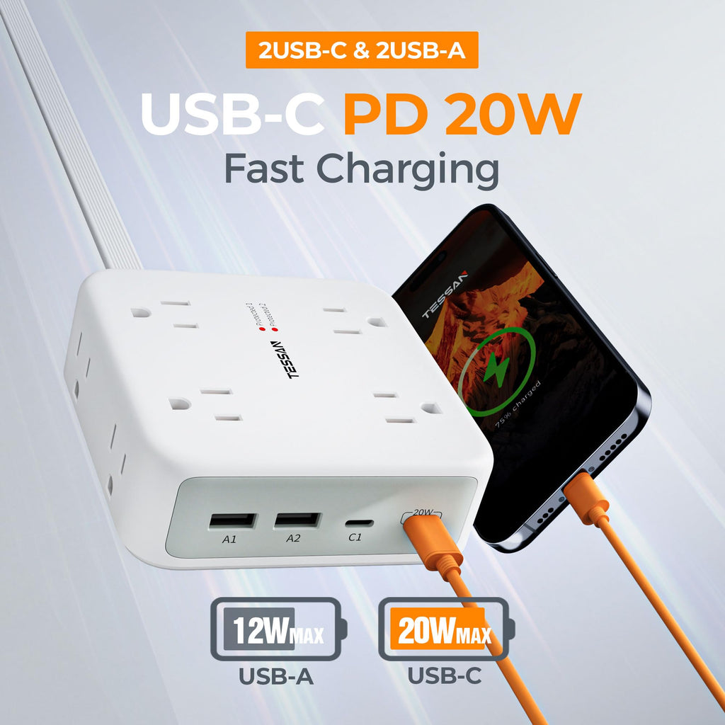 TESSAN Dual Surge Protector Power Strip, 5 Ft Extension Cord Flat Wall Plug