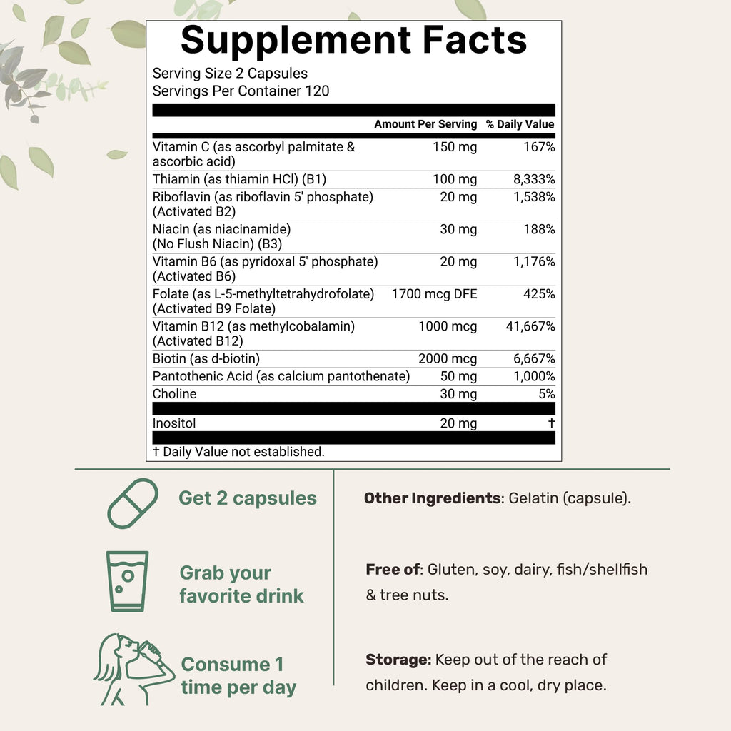 Micro Ingredients 2 Pack Pure Methylated B Complex, 480 Capsules | 11-in-1 Formula with B12, Thiamin, Folate, Inositol, Choline, & Vitamin C | Filler Free | Non-GMO