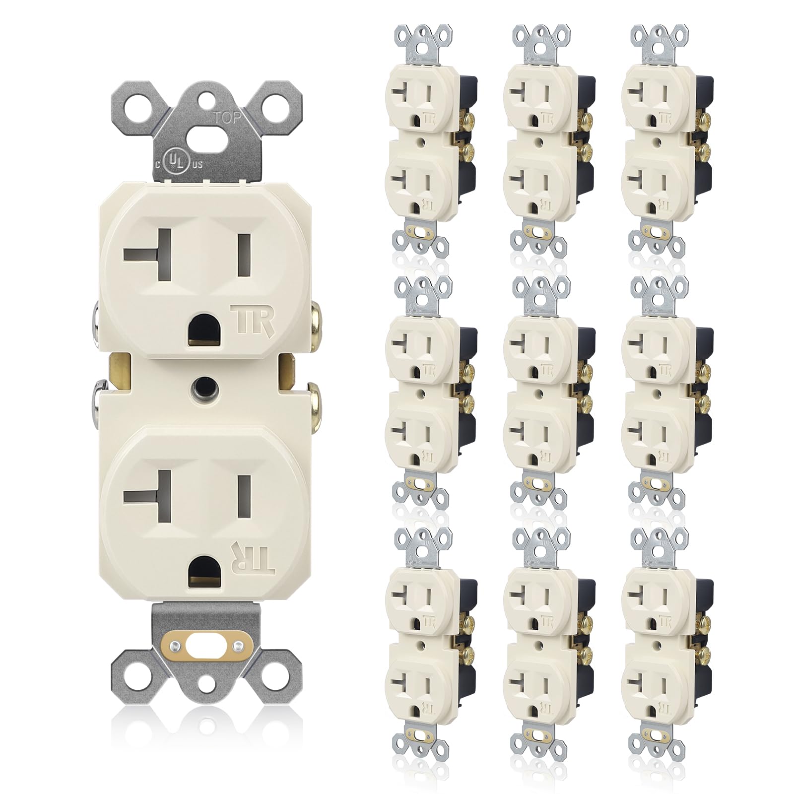 TOPELER 10 Pack Wall Electrical Outlets, Duplex Tamper-Resistant Receptacle Outlet, 20Amp 125V, 3-Wire, Self-Grounding, Push & Side Wire Wall Socket, UL Listed, Light Almond
