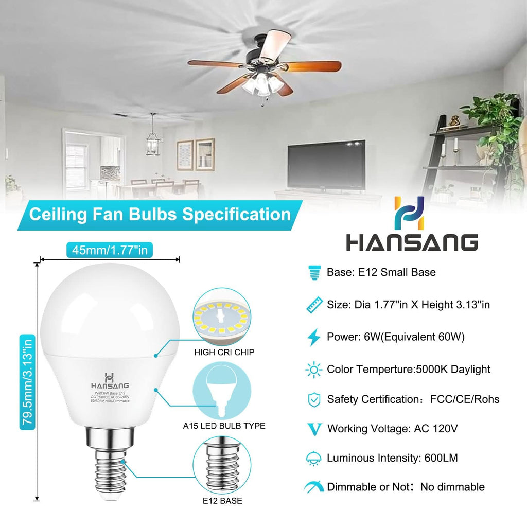 8 Pack E12 LED Ceiling Fan Light Bulbs 6W, 60W Equivalent 5000K Daylight