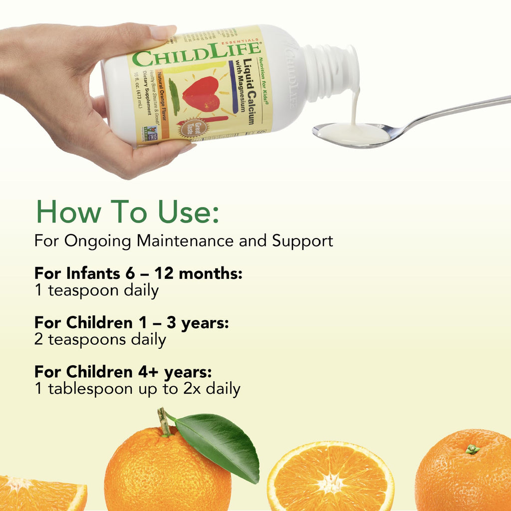 ChildLife Essentials Liquid Calcium Supplement for Kids - Baby Calcium with Magnesium, Zinc, and Vitamin D3 - Orange Flavor, 16 fl oz (6 Pack)