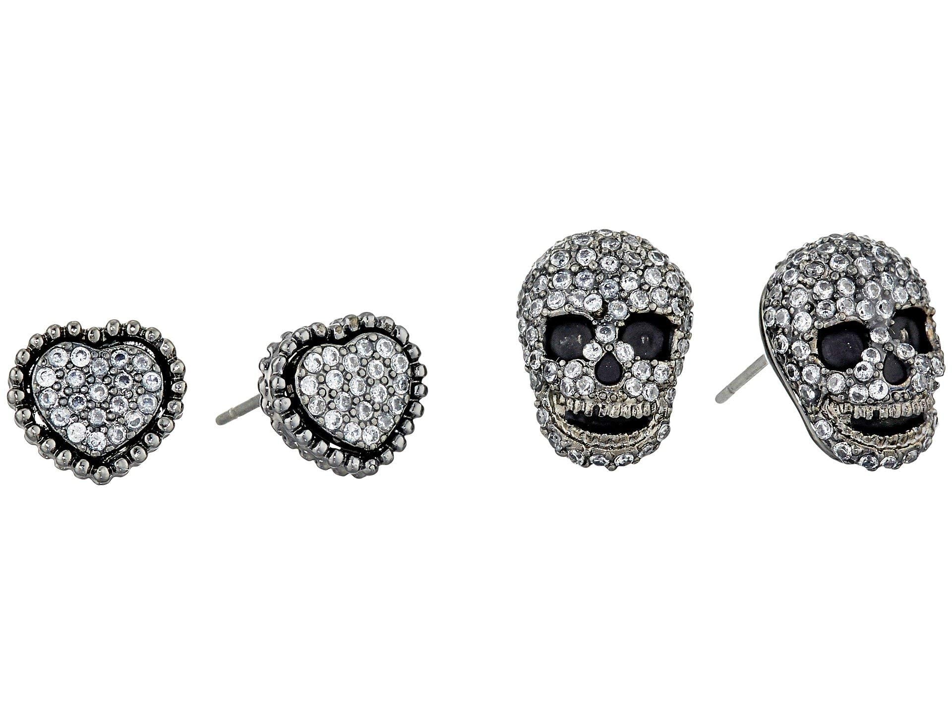 Betsey Johnson CZ Pave Heart & Skull Duo Set of Stud Earrings