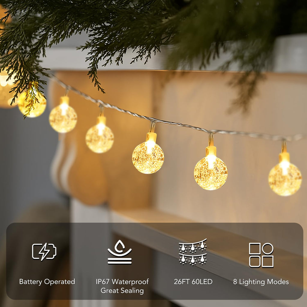 Metaku Globe String Lights Battery Operated Fairy Light 26ft 60LED & Remote
