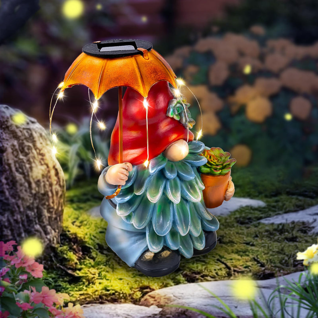 SUCUY Solar Outdoor Statues Gnome Garden Decor, Garden Gnome with Solar LED Umbrella Decorative for Patio, Balcony, Lawn, Yard Ornament - Christmas Gardening Gifts for Mom Grandma