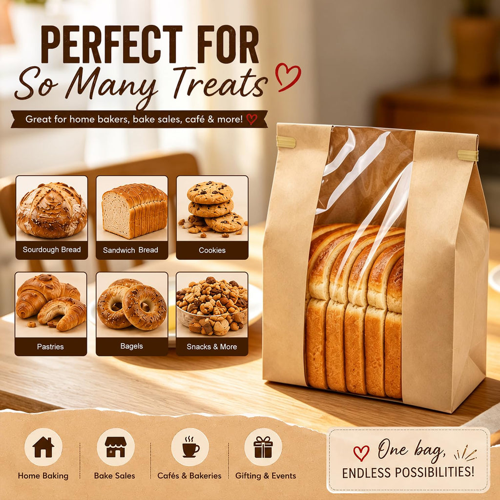 200 Pack Large Paper Sourdough Bread Bags with Tin Tie Tabs & 500 Stickers