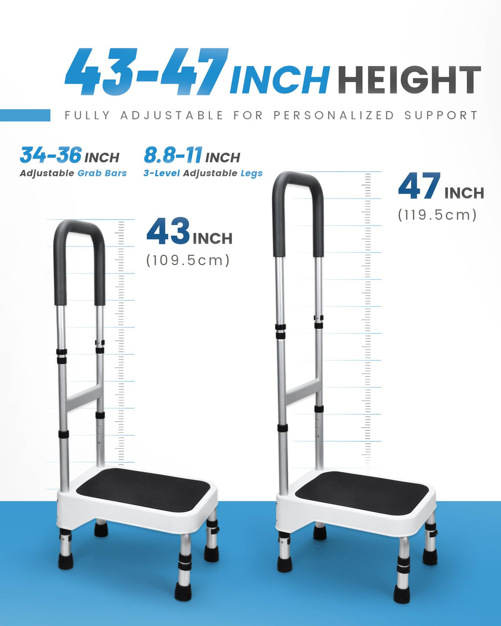 Sangohe Step Stool with Handle for Elderly, Aluminum Step Stools for Adults, Step Stool for Bed, Step Stool with Adjustable Handle and Legs, 275LBS Weight Capacity, 503A