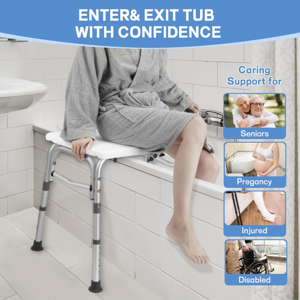 Tub Transfer Bench for Bathtub, Height Adjustable Shower Bench with Backrest, Shower Chair Bath Seat for Elderly, Seniors, Arm Support for Transfer