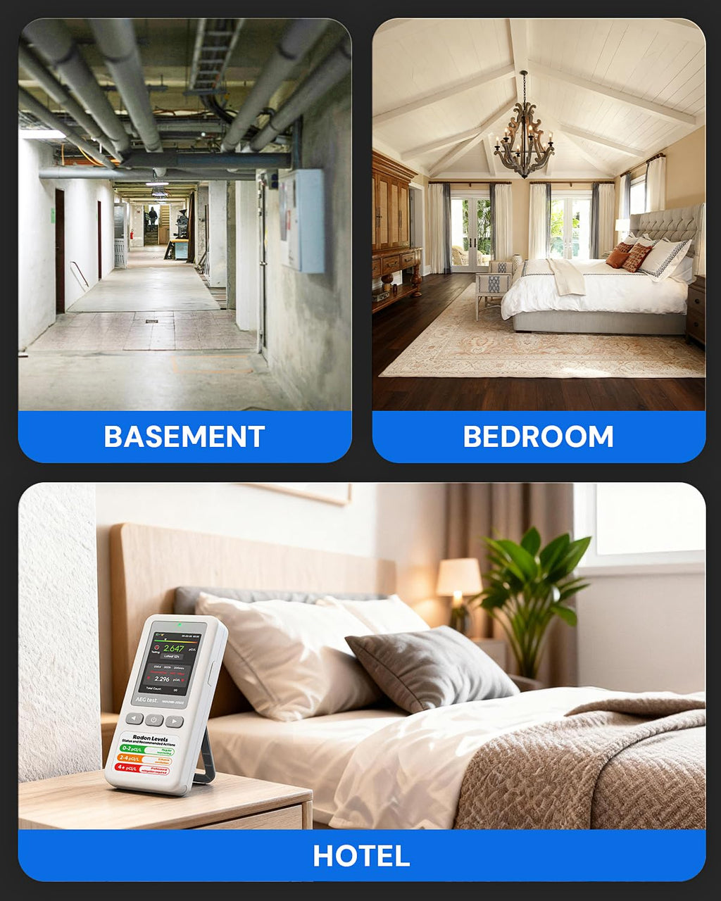 AEGTEST HOUND-1011S Portable Radon Detector, High-Accuracy Sensor for Home, Lightweight, Audible & Visual Alarms, Long-Term Monitoring, Easy-to-Use Radon Tester in pCi/L or Bq/m³ for Basement