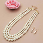 S SUSANN Costume Layered Gold Pearl Necklace Choker Chunky Glass Statement Necklace and Earring, good gift for women Faux pearl necklace (Pearl collar necklace)