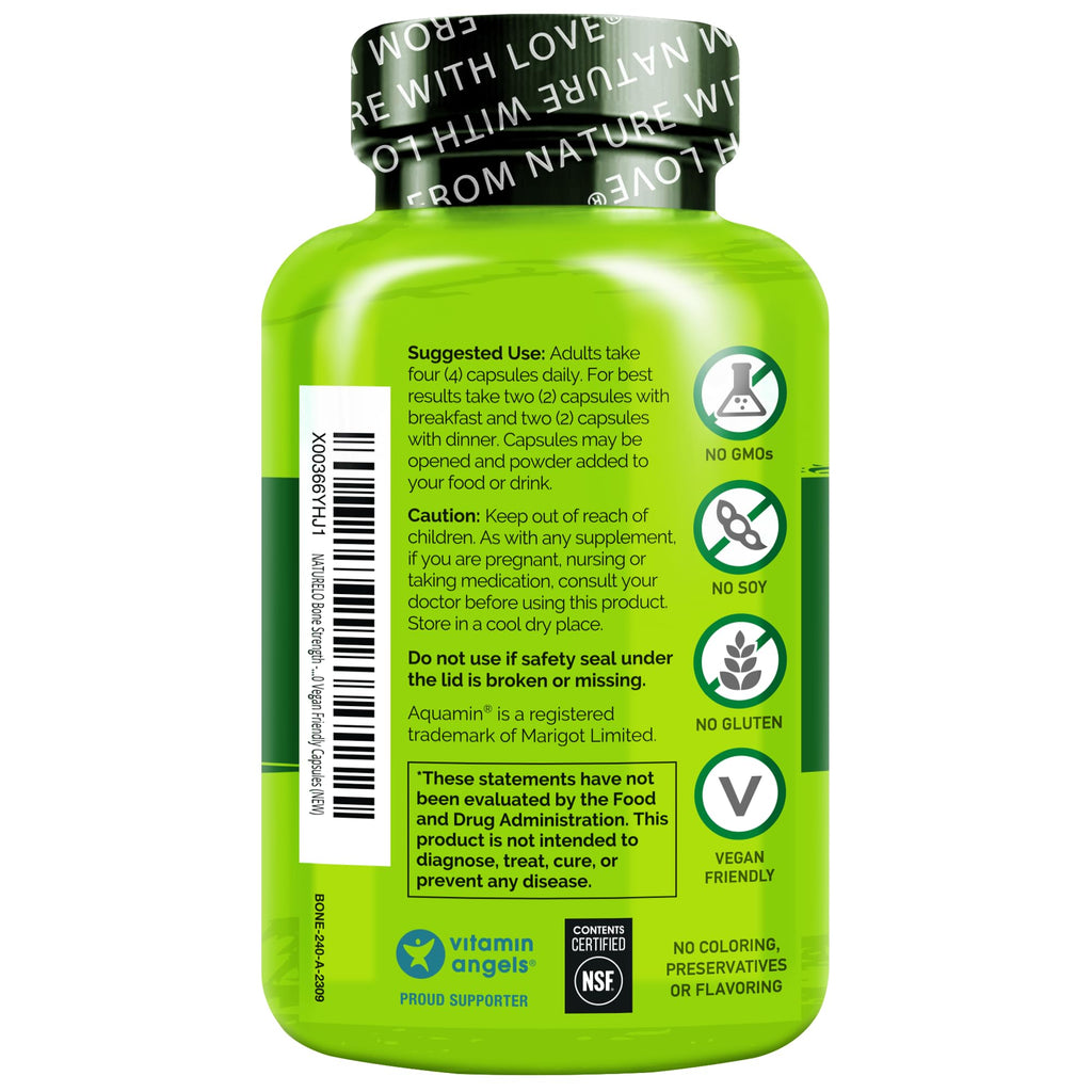 NATURELO Calcium Supplement - with Vitamin C, Vitamin D3, K2, and Calcium Magnesium Zinc for Bone Strength with Calcium 600mg - Plant-Based, 240 Vegetarian Capsules, Non-GMO, Soy & Gluten-Free
