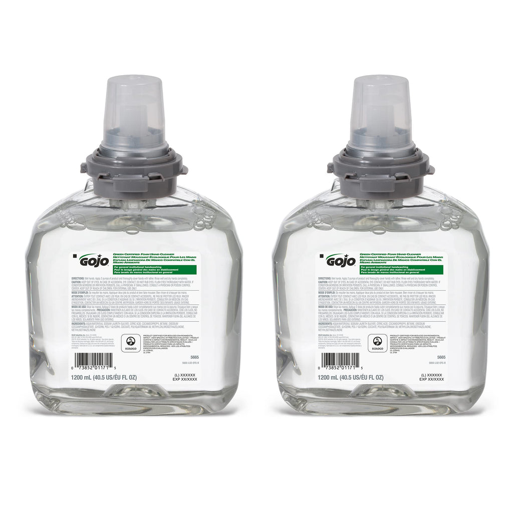 GOJO Green Certified Foam Hand Cleaner, Fragrance Free, EcoLogo Certified, 1200 mL Hand Soap Refill TFX Touch-Free Dispenser (Pack of 2) – 5665-02