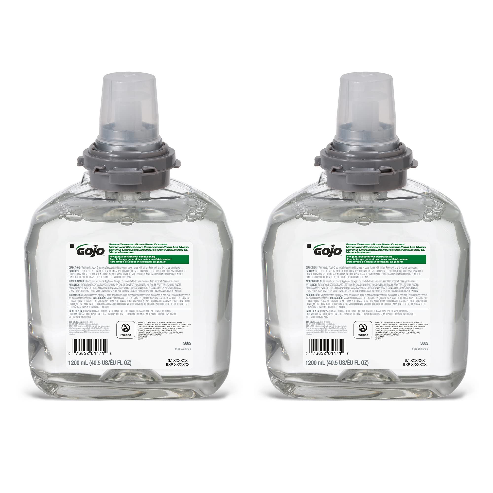 GOJO Green Certified Foam Hand Cleaner, Fragrance Free, EcoLogo Certified, 1200 mL Hand Soap Refill TFX Touch-Free Dispenser (Pack of 2) – 5665-02