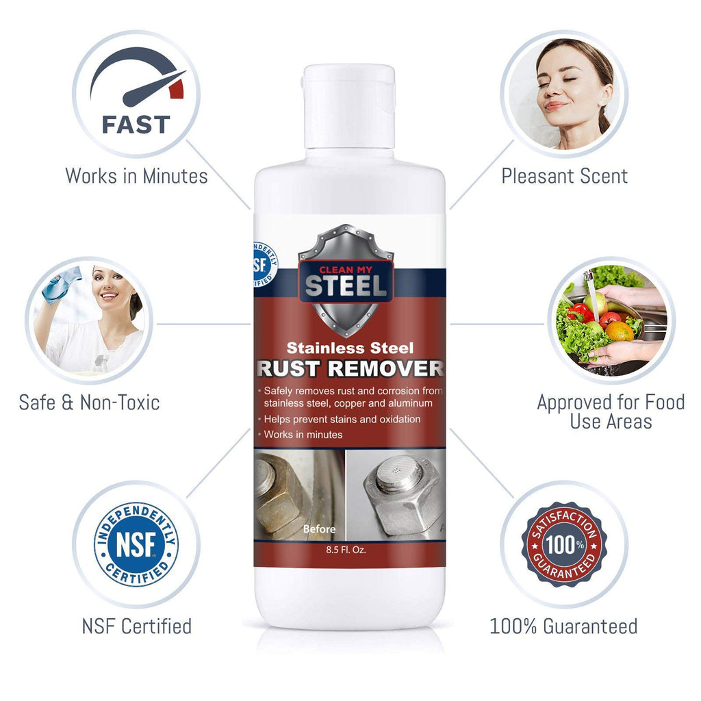 CLEAN MY STEEL Stainless Steel Rust Stain Remover & Cleaner Kit, NSF Safe for Food Areas. Includes Cleaner for Commercial Equipment, Appliances, Gloves & Sponge (8.5 oz)