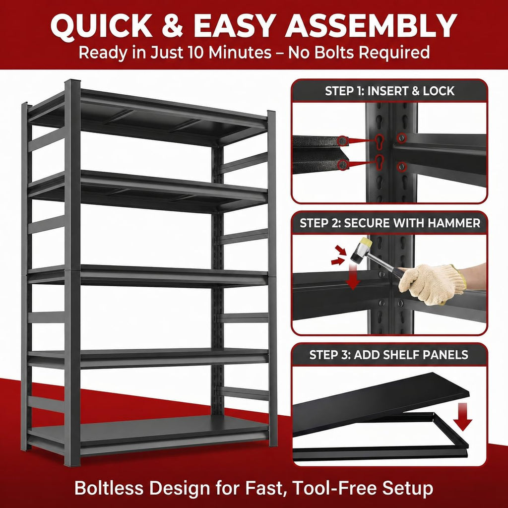 BEESTMUEBLE Garage Shelving, 3000 LBS Heavy Duty Metal Storage Shelves with Anti-Fall Rails, 5-Tier Adjustable Storage Rack for Garage, Warehouse, Basement, 35.4" W x 15.7" D x 72" H
