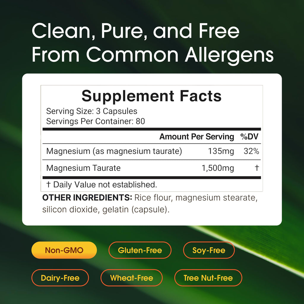 NatureBell Magnesium Taurate - 240 Capsules - 1,500mg High Absorption Chelated Formula - with Amino Acid Taurine - Heart Health, Nervous System, Muscle & Bone Health Support*